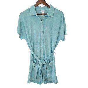 Andie The Button Up Terrycloth Romper Womens Size S Cabana Blue Pockets NWT